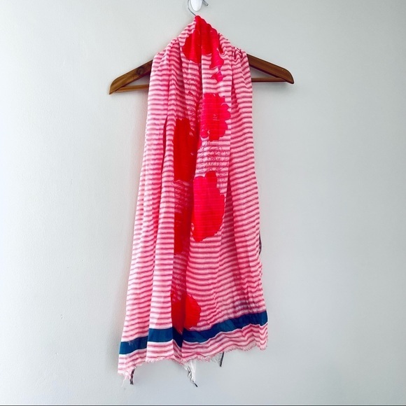 🎯3/$10 LOFT Coral White Grain Stripe Floral Lightweight Scarf Blue Border - Picture 3 of 6
